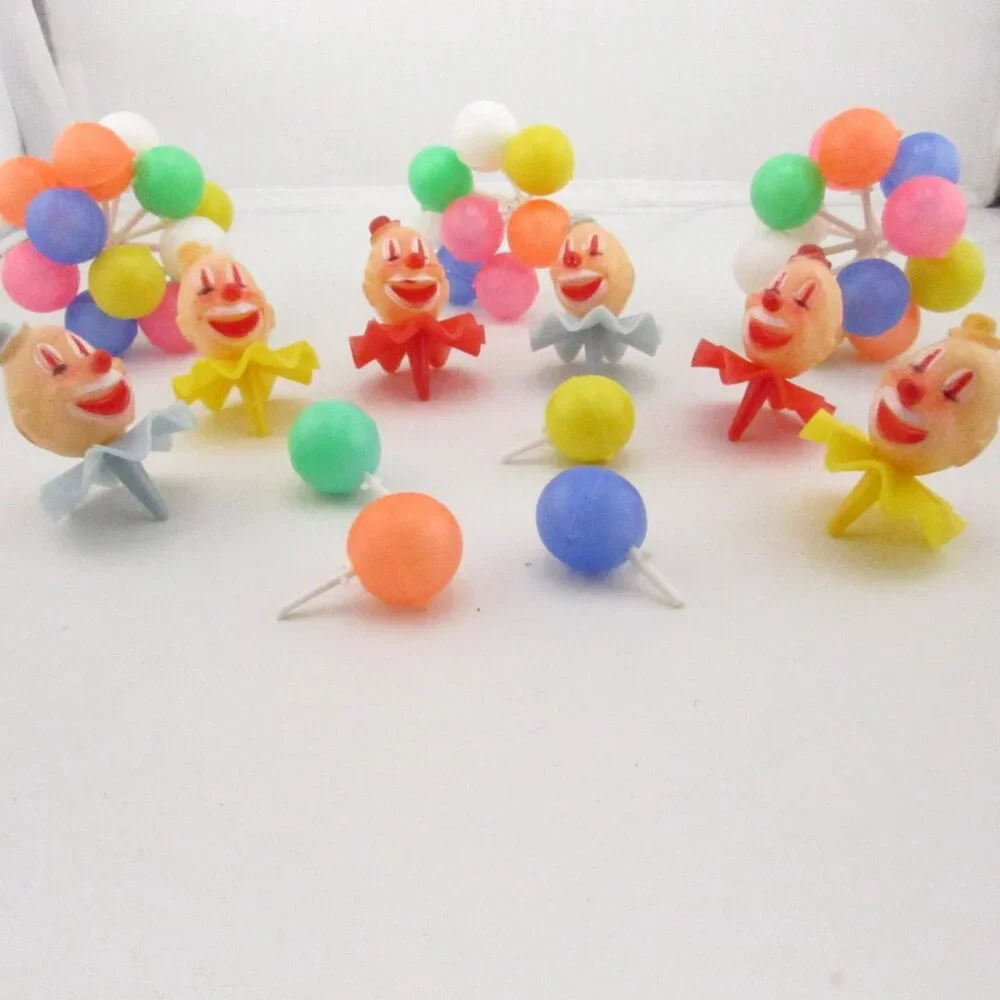 Vintage WILTON Circus Clown Cupcake Cake Toppers Set 6 W/ Balloon Pick Party